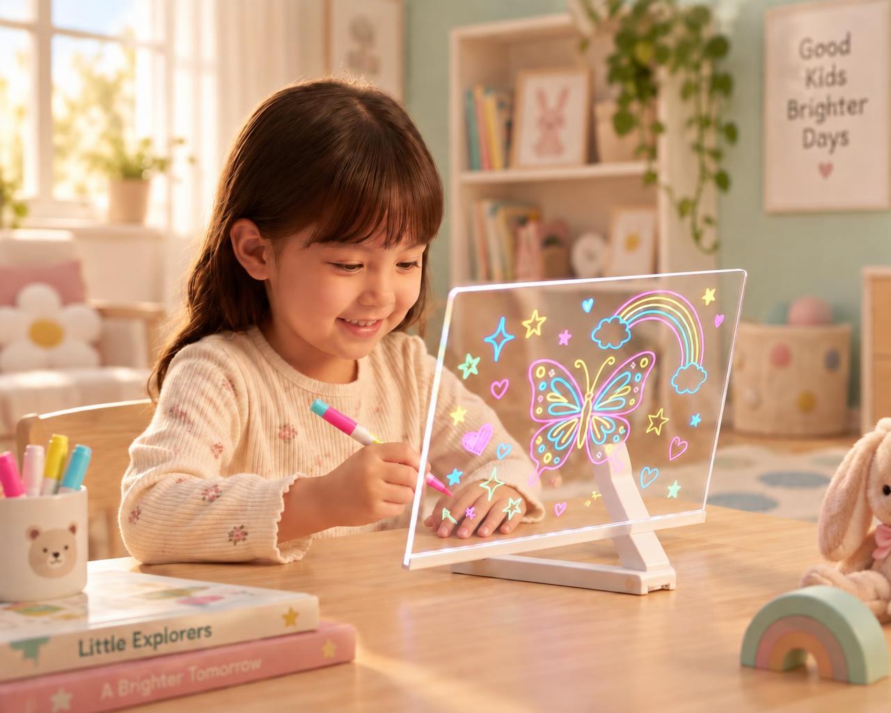 Dziecko rysujące świecące neonowe motyle na tablicy LED LumiKids w jasnym dziecięcym pokoju